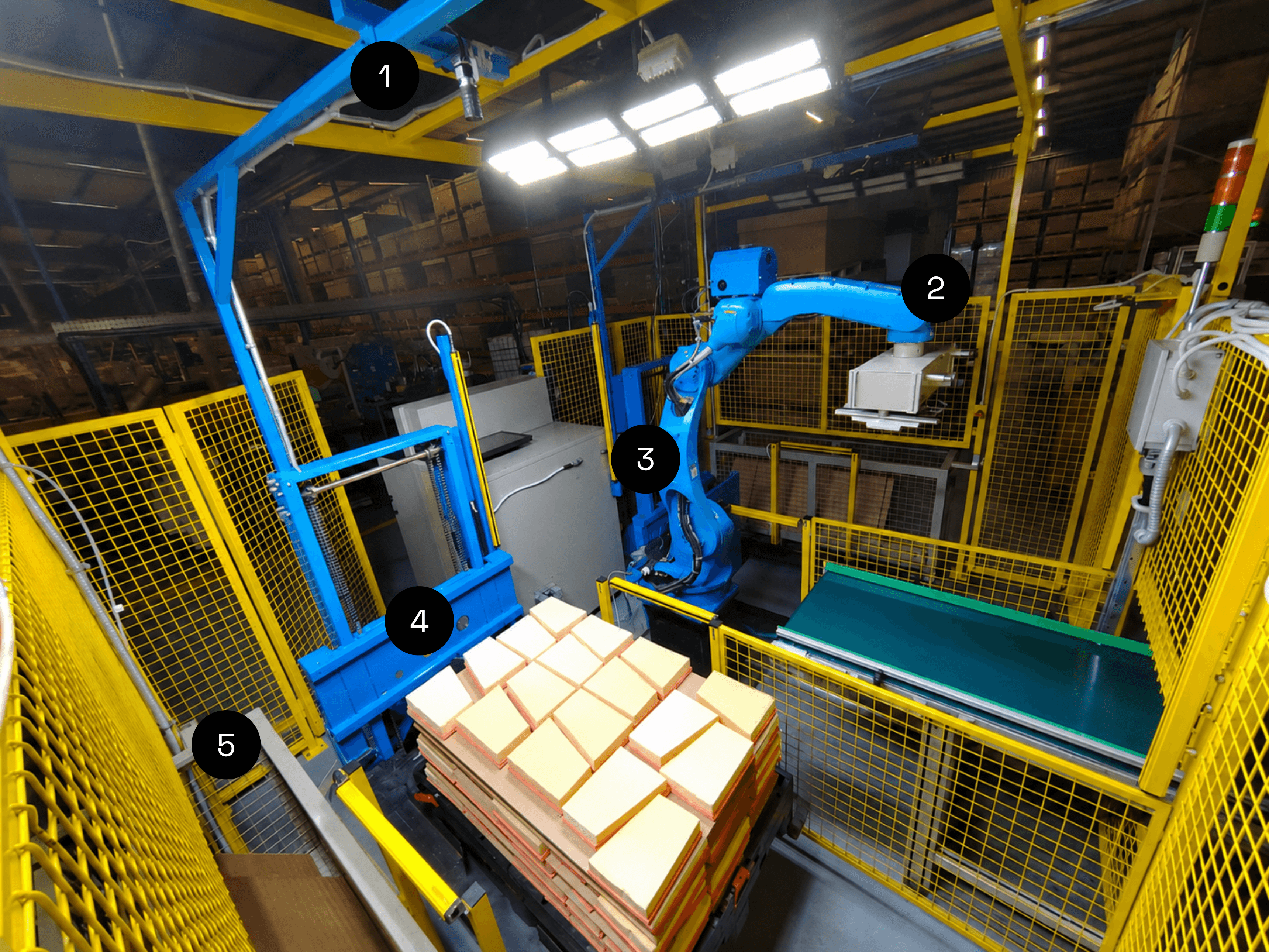 Integrated depalletizing cell with vision, gripper, robot, elevator, and carton separator magazine.